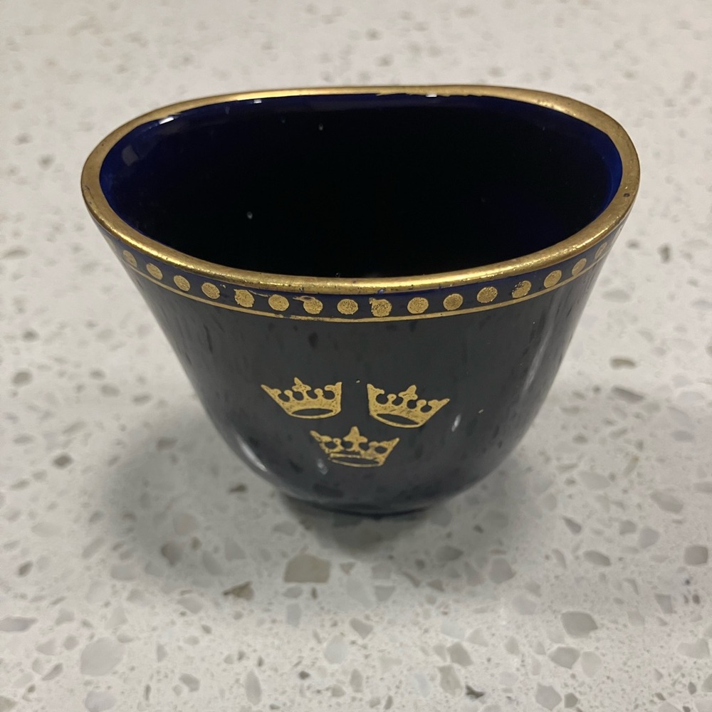 Vintage Cobalt Blue Porcelain Bowl Gold Crown Motif made by Rorstrand in Sweden